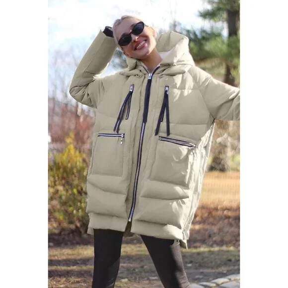 Women's Thickened Beige Clothing Down Vest Jacket Warm Fleece Lined Hood Coat